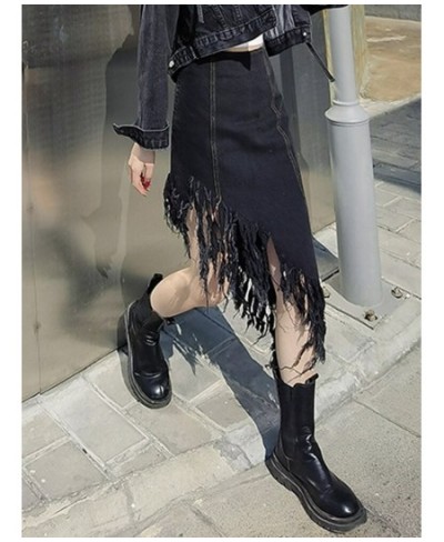 Asymmetrical Patchwork Tassel Skirt For Women High Waist Irregular Hem Black Skirts Female Spring Fashion New Clothing $51.95...