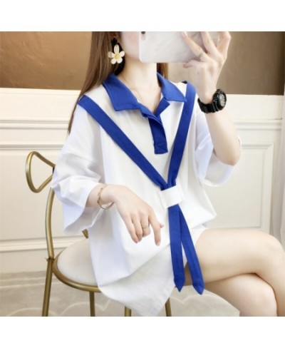 Summer Polo Shirt Women Turn-down Collar Loose Cotton Funny Women Polo Shirt Spliced Color Ribbons Black White Blue Green $34...