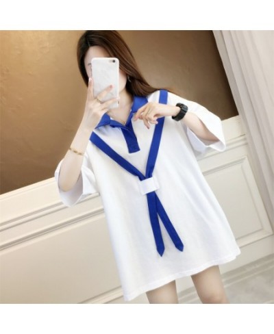 Summer Polo Shirt Women Turn-down Collar Loose Cotton Funny Women Polo Shirt Spliced Color Ribbons Black White Blue Green $34...