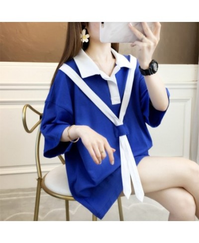 Summer Polo Shirt Women Turn-down Collar Loose Cotton Funny Women Polo Shirt Spliced Color Ribbons Black White Blue Green $34...