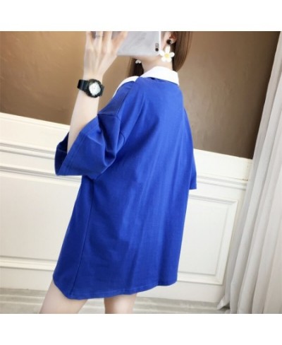 Summer Polo Shirt Women Turn-down Collar Loose Cotton Funny Women Polo Shirt Spliced Color Ribbons Black White Blue Green $34...