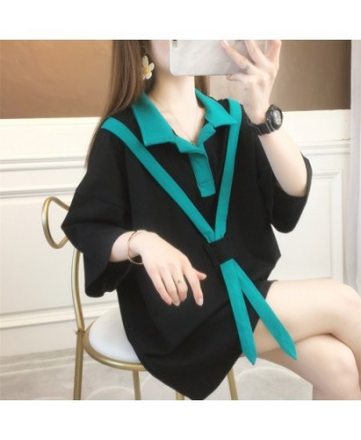 Summer Polo Shirt Women Turn-down Collar Loose Cotton Funny Women Polo Shirt Spliced Color Ribbons Black White Blue Green $34...