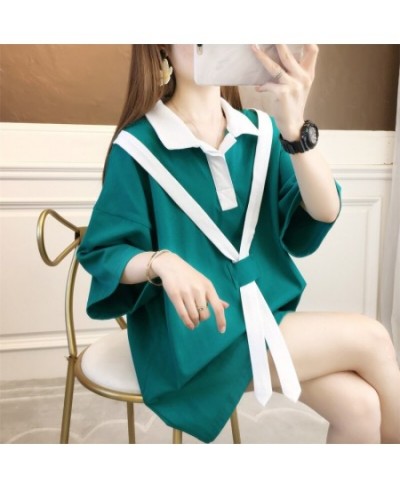 Summer Polo Shirt Women Turn-down Collar Loose Cotton Funny Women Polo Shirt Spliced Color Ribbons Black White Blue Green $34...