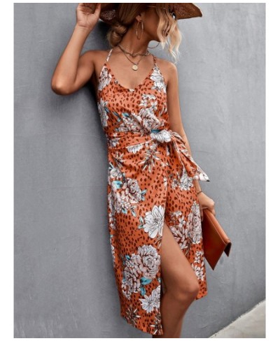 2023 Summer Boho Print Dress Women Halter Midi Slit Dresses Ladies V Neck Party Sleeveless Dress Bodycon $35.25 - Dresses