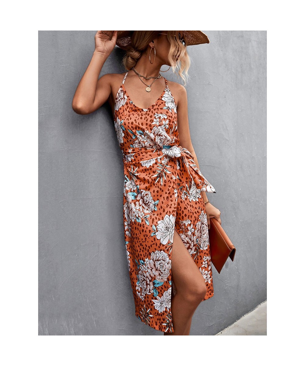 2023 Summer Boho Print Dress Women Halter Midi Slit Dresses Ladies V Neck Party Sleeveless Dress Bodycon $35.25 - Dresses