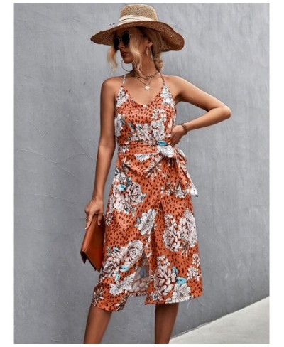 2023 Summer Boho Print Dress Women Halter Midi Slit Dresses Ladies V Neck Party Sleeveless Dress Bodycon $35.25 - Dresses