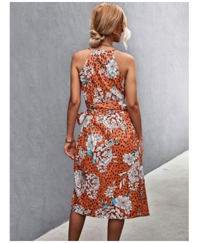 2023 Summer Boho Print Dress Women Halter Midi Slit Dresses Ladies V Neck Party Sleeveless Dress Bodycon $35.25 - Dresses