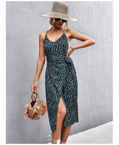 2023 Summer Boho Print Dress Women Halter Midi Slit Dresses Ladies V Neck Party Sleeveless Dress Bodycon $35.25 - Dresses