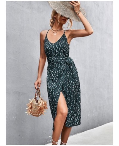 2023 Summer Boho Print Dress Women Halter Midi Slit Dresses Ladies V Neck Party Sleeveless Dress Bodycon $35.25 - Dresses