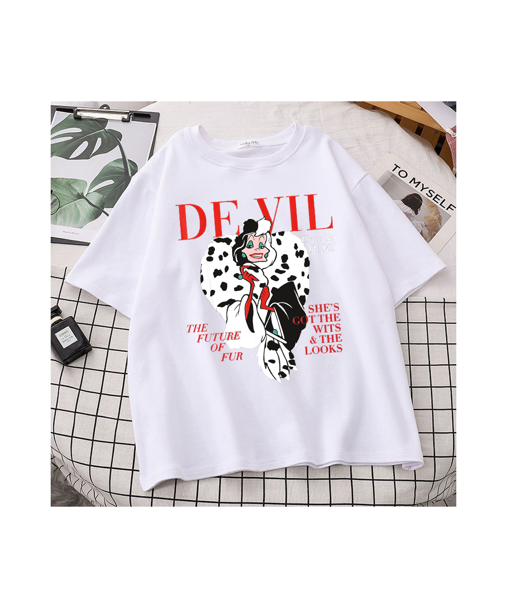 Fashion Fashion Black and White Witch Demon Cartoon Cuira Cruella Print Women's T-shirt Short Sleeve O-neck Pullover Top $22....