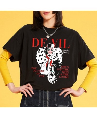 Fashion Fashion Black and White Witch Demon Cartoon Cuira Cruella Print Women's T-shirt Short Sleeve O-neck Pullover Top $22....