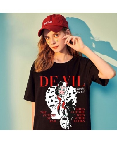 Fashion Fashion Black and White Witch Demon Cartoon Cuira Cruella Print Women's T-shirt Short Sleeve O-neck Pullover Top $22....