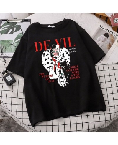 Fashion Fashion Black and White Witch Demon Cartoon Cuira Cruella Print Women's T-shirt Short Sleeve O-neck Pullover Top $22....