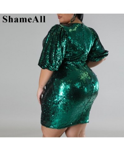 Plus Size Cocktail Sequined Bodycon Dress 4XL Women Sparkly Sequins Half Puff Sleeve Sexy Night Party Club Red Golden Mini $4...