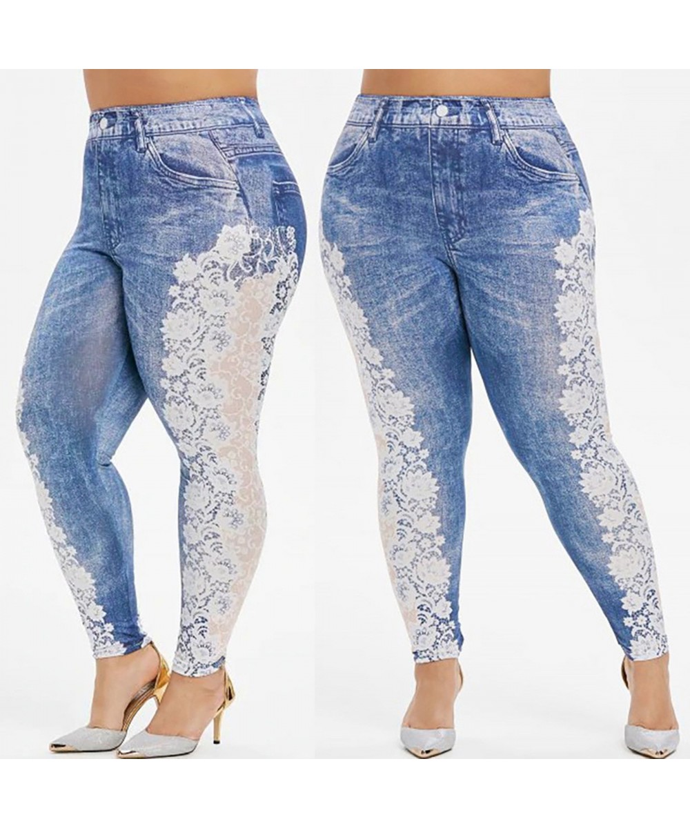 Womens Imitation Denim Leggings Lace Jeans Patchwork Elastic Waist Casual Leggings Female Summer Plus Size Pencil Pants Leggi...