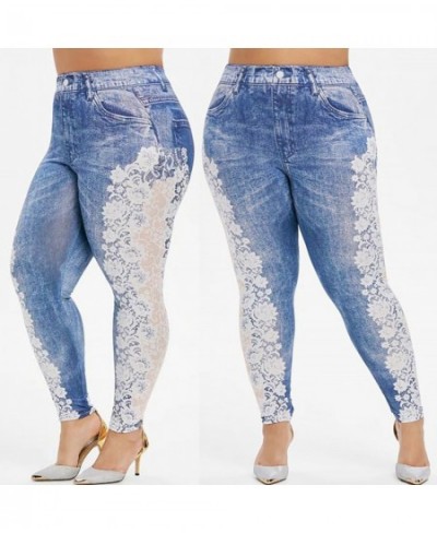 Womens Imitation Denim Leggings Lace Jeans Patchwork Elastic Waist Casual Leggings Female Summer Plus Size Pencil Pants Leggi...