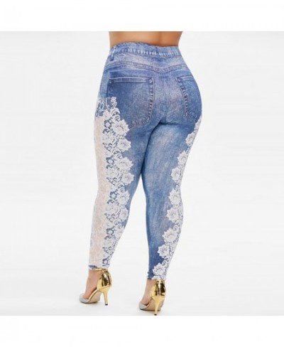 Womens Imitation Denim Leggings Lace Jeans Patchwork Elastic Waist Casual Leggings Female Summer Plus Size Pencil Pants Leggi...