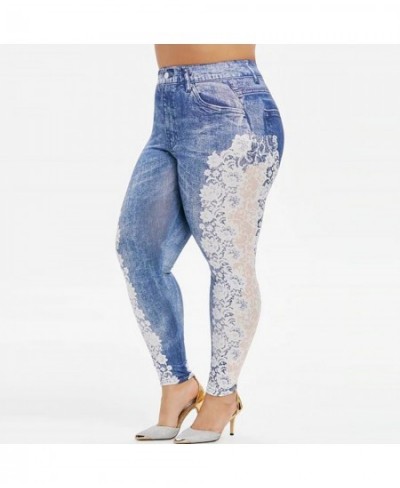 Womens Imitation Denim Leggings Lace Jeans Patchwork Elastic Waist Casual Leggings Female Summer Plus Size Pencil Pants Leggi...