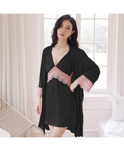 New Satin And Lace See Through Robe Gown Sets Two Pieces Femme Luxury 2023 Sleepwear Night Clothes Hot Loungewear $43.34 - Sl...