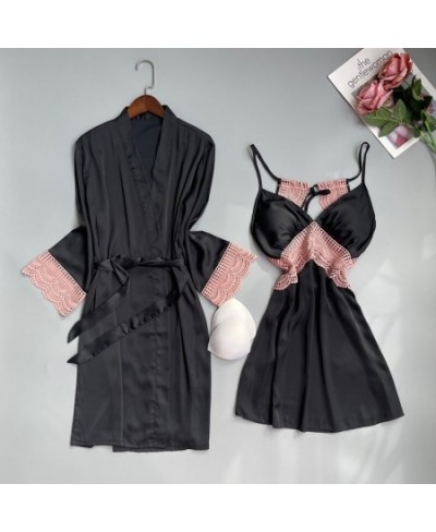 New Satin And Lace See Through Robe Gown Sets Two Pieces Femme Luxury 2023 Sleepwear Night Clothes Hot Loungewear $43.34 - Sl...