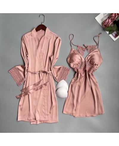 New Satin And Lace See Through Robe Gown Sets Two Pieces Femme Luxury 2023 Sleepwear Night Clothes Hot Loungewear $43.34 - Sl...