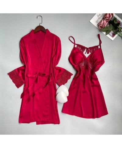 New Satin And Lace See Through Robe Gown Sets Two Pieces Femme Luxury 2023 Sleepwear Night Clothes Hot Loungewear $43.34 - Sl...