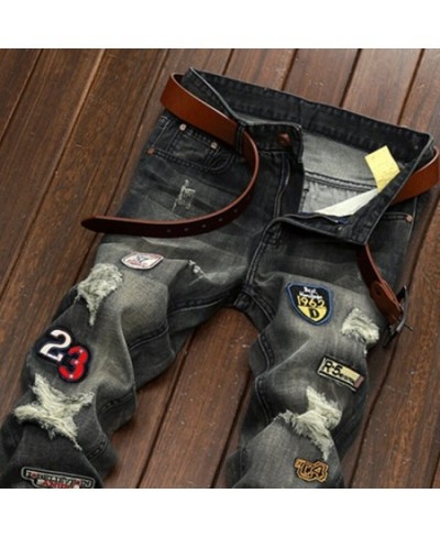 New Men's Design Denim Jeans Large Size slim-fitting Straight Hole Patch Embroidery Pattern Fashion Men's Jeans $63.43 - Jeans