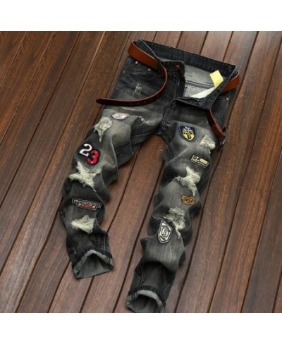 New Men's Design Denim Jeans Large Size slim-fitting Straight Hole Patch Embroidery Pattern Fashion Men's Jeans $63.43 - Jeans