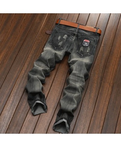 New Men's Design Denim Jeans Large Size slim-fitting Straight Hole Patch Embroidery Pattern Fashion Men's Jeans $63.43 - Jeans