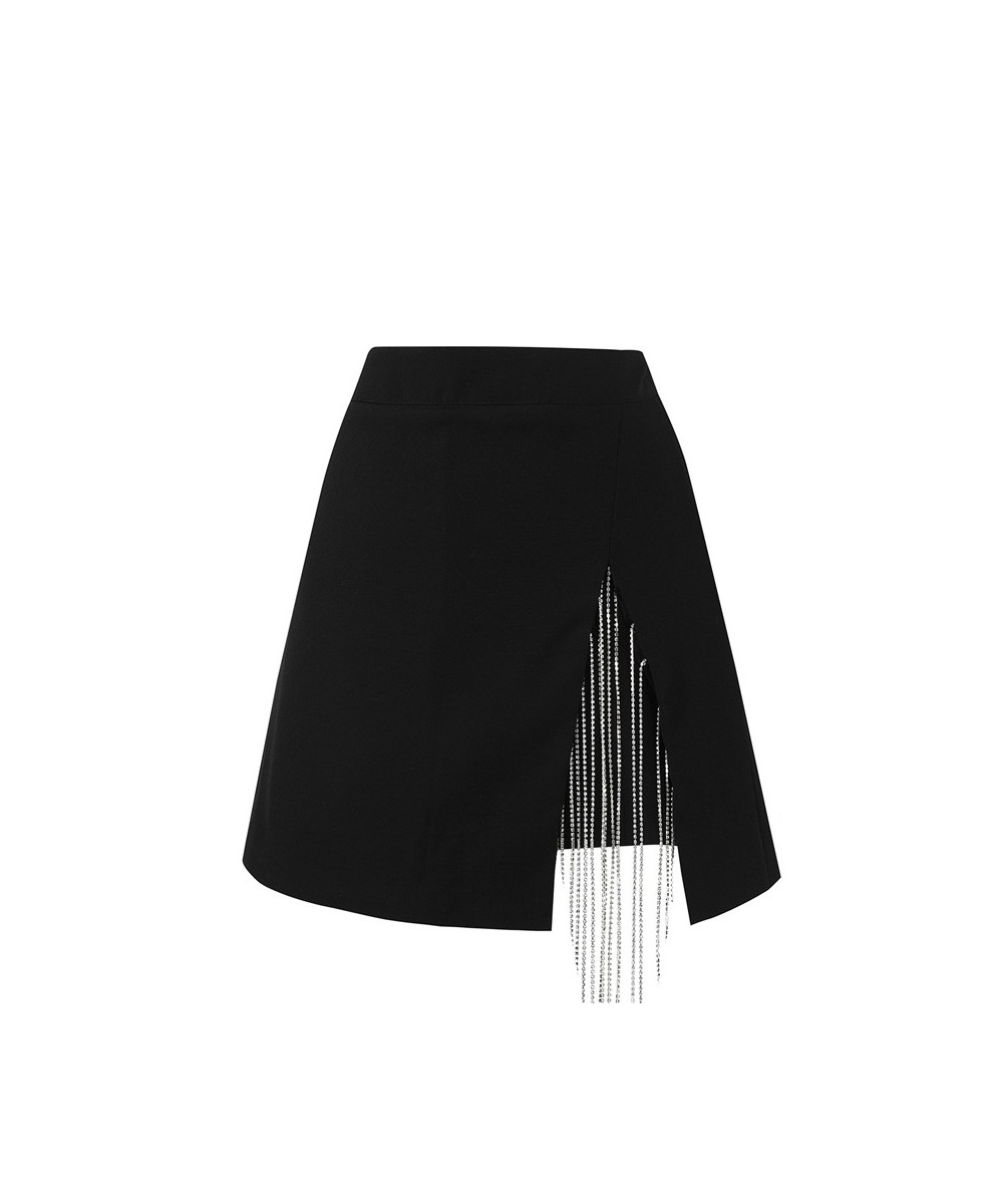 Streetwear chain tassel mini skirt with slit korean tide chic Rhinestone high waist skirt shorts white black summer skirt wom...