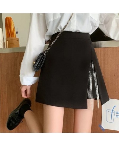 Streetwear chain tassel mini skirt with slit korean tide chic Rhinestone high waist skirt shorts white black summer skirt wom...