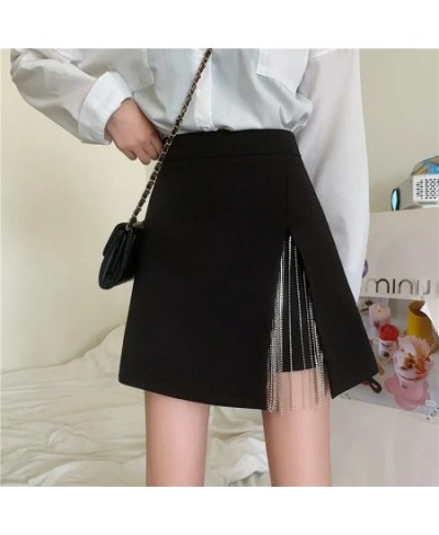 Streetwear chain tassel mini skirt with slit korean tide chic Rhinestone high waist skirt shorts white black summer skirt wom...