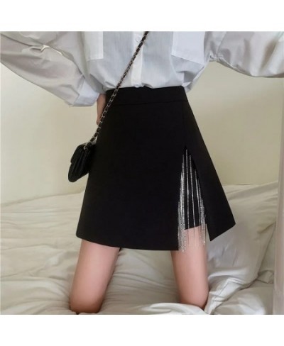 Streetwear chain tassel mini skirt with slit korean tide chic Rhinestone high waist skirt shorts white black summer skirt wom...