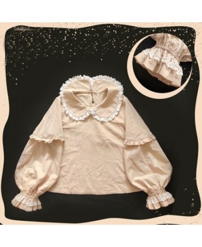 Kawaii Lace Shirt Women Lolita Style Flare Sleeve Pleated Blouse Soft Girl Jk Long Sleeve Tops Cotton Button Up Clothes $36.0...