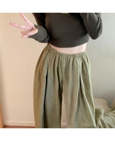 Vintage Cotton Linen Pants Women Casual Lazy Style Elastic Waist Straight Pants Female Solid Color Wide Leg Trousers $27.90 -...