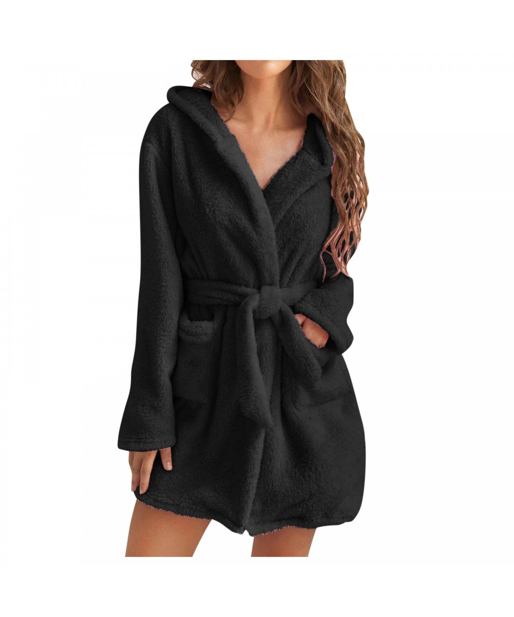 Plush Short Robe Women Lightweight Soft Plush Flannel Sleepwear Fleece Hooded Bathrobe Batas Mujer Inverno Para Casa Robes $3...