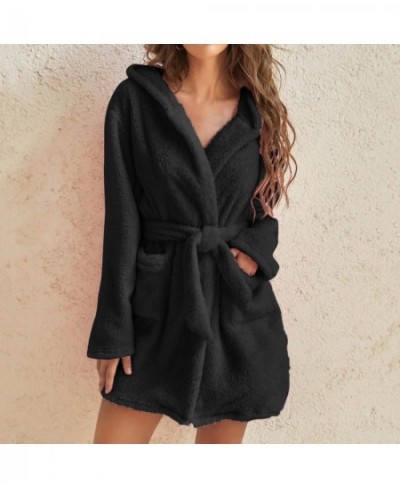 Plush Short Robe Women Lightweight Soft Plush Flannel Sleepwear Fleece Hooded Bathrobe Batas Mujer Inverno Para Casa Robes $3...