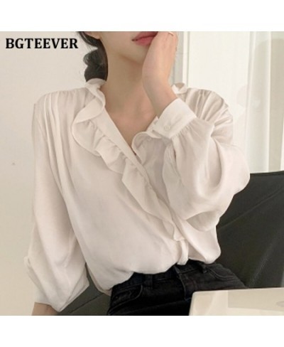 Elegant Ruffles V-neck White Shirts Blouses for Women 2023 Spring Casual Long Sleeve Female Shirts Tops Ladies Blusas $42.64 ...