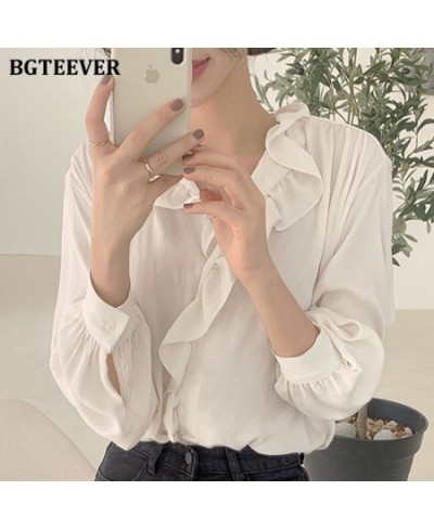 Elegant Ruffles V-neck White Shirts Blouses for Women 2023 Spring Casual Long Sleeve Female Shirts Tops Ladies Blusas $42.64 ...