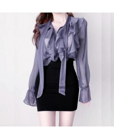 Summer 2022 Korean Fashion Clothing V Neck Ruffles Chiffon Single Row Button Commute Work Blouse $28.96 - Women Tops