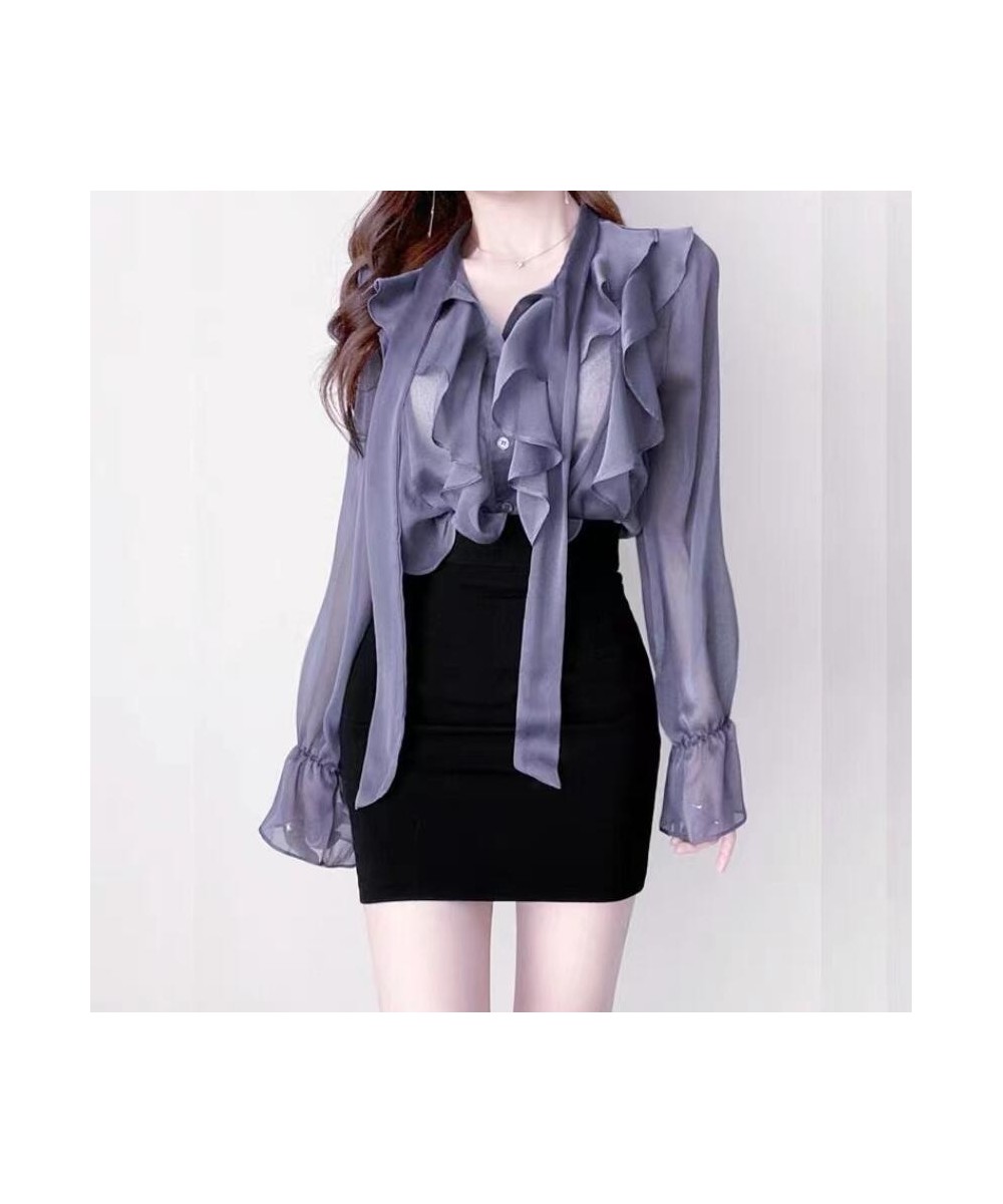 Summer 2022 Korean Fashion Clothing V Neck Ruffles Chiffon Single Row Button Commute Work Blouse $28.96 - Women Tops