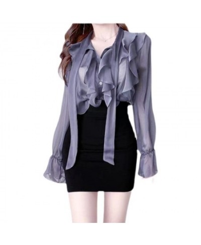 Summer 2022 Korean Fashion Clothing V Neck Ruffles Chiffon Single Row Button Commute Work Blouse $28.96 - Women Tops