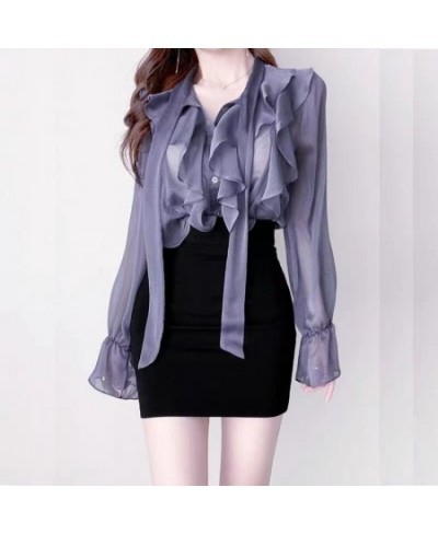 Summer 2022 Korean Fashion Clothing V Neck Ruffles Chiffon Single Row Button Commute Work Blouse $28.96 - Women Tops