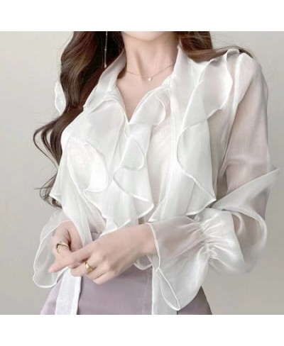 Summer 2022 Korean Fashion Clothing V Neck Ruffles Chiffon Single Row Button Commute Work Blouse $28.96 - Women Tops