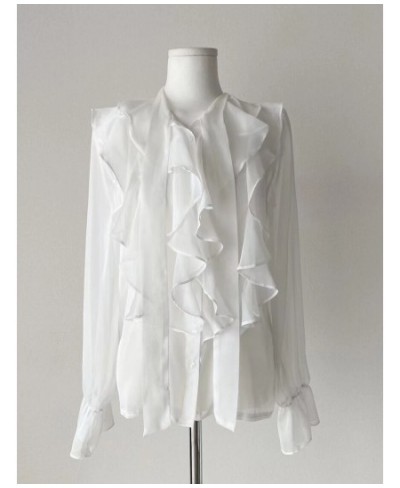 Summer 2022 Korean Fashion Clothing V Neck Ruffles Chiffon Single Row Button Commute Work Blouse $28.96 - Women Tops