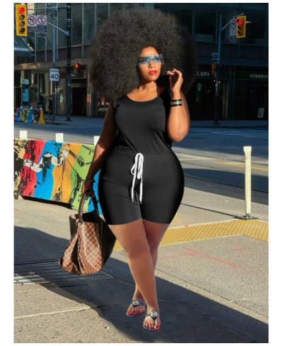 Women Plus Size Playsuit Solid Sleeveless Drawstring Waist Stretchy Bodycon Playsuits Casual Rompers Summer Outfits 2023 $31....