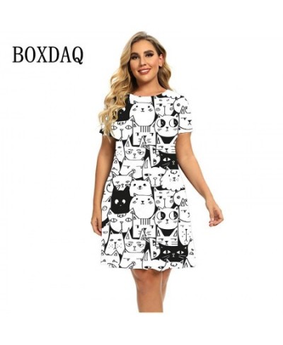 Funny Cat Painting Pattern Print Dresses Women Short Sleeve Round Neck A-Line Dress Summer Fashion Clothing Plus Size Dress 6...