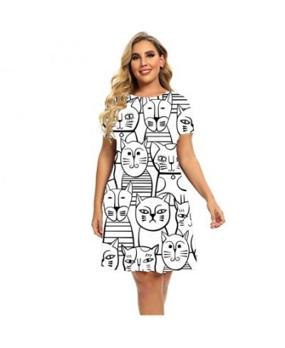 Funny Cat Painting Pattern Print Dresses Women Short Sleeve Round Neck A-Line Dress Summer Fashion Clothing Plus Size Dress 6...