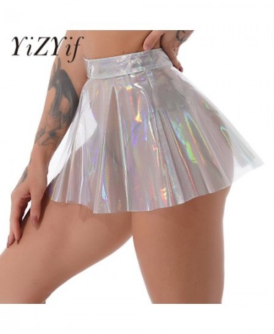 Women See-through Flared Skirt Bodycon Glossy Shiny Holographic High Waist Mini Skirt Rave Party Stage Performance Clubwear $...