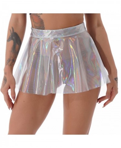 Women See-through Flared Skirt Bodycon Glossy Shiny Holographic High Waist Mini Skirt Rave Party Stage Performance Clubwear $...